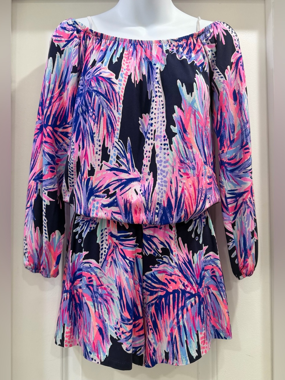 Lilly Pulitzer Lana Off The Shoulder Romper In Bright Navy Palms Size XS